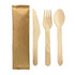 A wooden cutlery set featuring a knife, fork, and spoon, packaged in brown paper.