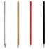 A set of four wooden pencils in white, natural wood, red, and black, each with a sharpened tip.