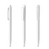 A set of three white plastic pens with different angles and a clip, featuring a branding logo.