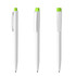 A white plastic pen with a green cap and clip, featuring a sleek design and an antibacterial feature.