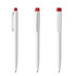 A set of white plastic pens with red caps, featuring a logo on the side.