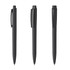 A collection of three black plastic pens with various designs, featuring clips and caps.