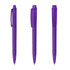 A set of three transparent purple plastic pens with clips and a sleek design. Each pen features a logo.