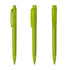 Three transparent green plastic pens arranged side by side, featuring different clip and barrel designs.