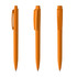 Three orange plastic pens displayed from different angles, each featuring a clip and a smooth barrel design.