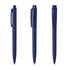 A set of three navy blue plastic pens with a sleek design and a logo on one.