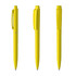 Three yellow plastic pens in various positions, featuring a branding logo on the barrel.