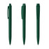 Three dark green plastic pens with a smooth glossy finish, featuring clips and click mechanisms.