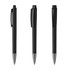 A set of three black metal pens with shiny finishes and click mechanisms. Each pen has a unique design.