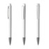 A set of three sleek white metal pens with chrome accents, featuring various angles and a branding logo.