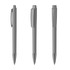 A set of three grey metal pens with silver accents and a logo on the barrel.