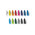 A collection of metal pens in various colours, including white, red, orange, green, blue, and black, with metallic tips.