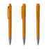 A plastic pen with a transparent orange barrel and silver accents, featuring a clip and retractable tip.