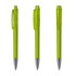 A set of three transparent green plastic pens with silver tips, featuring a clip and a branding logo.