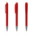 A set of three transparent red plastic pens with silver accents and clip. Each pen has a click mechanism.