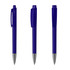A set of blue transparent plastic pens with silver accents, featuring varying positions and a logo.