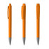 An orange metal pen with a glossy finish, featuring a clip and a silver tip. Includes branding.