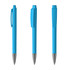 A blue metal pen with a high gloss finish and silver accents, featuring a clip and a smooth design.