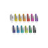 A collection of plastic pens in various colours, including purple, orange, blue, green, and silver, with silver accents.