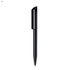 A black plastic pen with a sleek design and a clip on top, featuring a branding logo.