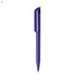 A purple plastic pen with a sleek design and a clip for attachment. It features a branding logo.