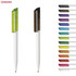 A plastic pen featuring a white barrel and a transparent clip, available in multiple vibrant colours. It has a logo.