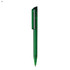 A green plastic pen with a sleek design and a clip at the top, featuring a branding logo.