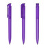 A set of three transparent purple plastic pens, featuring a sleek design and clip.