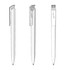 A plastic pen in white with a transparent clip, featuring a sleek design and a branding logo.