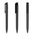 A set of three transparent plastic pens in black, showcasing different angles and features, including a clip and tapered end.