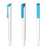 A set of three plastic pens featuring a white body and a blue clip, displaying different angles.