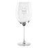 A wine glass in clear glass, featuring an etched image of a French Bulldog on the side.