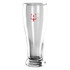 A clear glass beer glass, featuring a red logo, with a tall, tapered design and a sturdy base.
