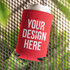A red stubby cooler featuring a can, with a logo and a blank design area for customisation.