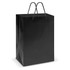A large laminated black carry bag with black rope handles, featuring a glossy finish and an included logo.