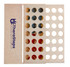 A game board with red and blue tokens placed in a beige frame, featuring a logo.