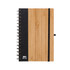 A spiral-bound A5 notebook with a bamboo cover and a black fabric side, featuring a black elastic band closure.