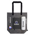 A grey tote bag containing a pen, notepad, drink bottle, and a pack of colourful treats, featuring a logo.