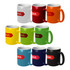 A collection of Jona coffee mugs in various colours: white, red, orange, yellow, green, navy, and black, each with a logo.