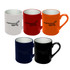 A set of coffee mugs in white, red, orange, navy, and black, featuring a logo on each mug.