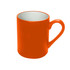 An orange coffee mug with a smooth finish and a contrasting interior. It features a handle and a simple design.