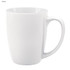 A white coffee mug with a smooth finish and a curved handle. It features a logo or branding on the surface.