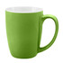 A green coffee mug with a glossy finish and a curved handle, featuring a white interior.
