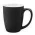 A coffee mug with a sleek black exterior and a white inner surface featuring a handle and a logo.