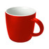 A red coffee mug with a white interior and a rounded handle, featuring a smooth finish and a logo.