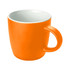 An orange coffee mug with a smooth finish and a contrasting white interior. It features a comfortable handle and has a logo.