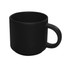 A ceramic mug in matte black with a rounded design and a sturdy handle. Features a logo on the side.