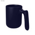 A navy blue coffee mug with a sleek handle and a simple, modern design. It features a branding logo.