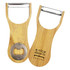 A bamboo peeler and bottle opener featuring a metallic blade and a circular bottle cap remover. The product has a natural wood finish.