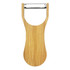 A bamboo bottle opener with a stainless steel blade. Features a simple, natural wood design. Includes a logo.